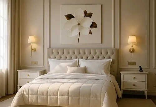 Stylish bedroom with a soft bed headboard, white bedside tables, and decorative elements on the wall