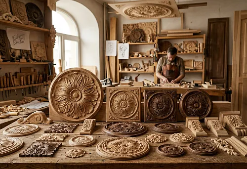 Carved wooden rosettes for walls, furniture, and ceilings in a workshop in Moscow