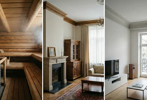 Wooden ceiling plinth in a bathhouse: solid wood fillet around the perimeter, wooden walls and ceiling, warm steam room atmosphere