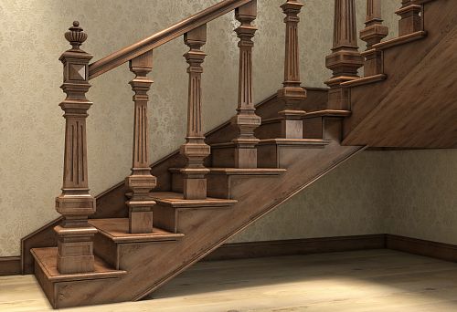 Wooden staircase components from manufacturer Stavros. Photos of wooden staircases with various components: balusters, handrails, treads, and risers.