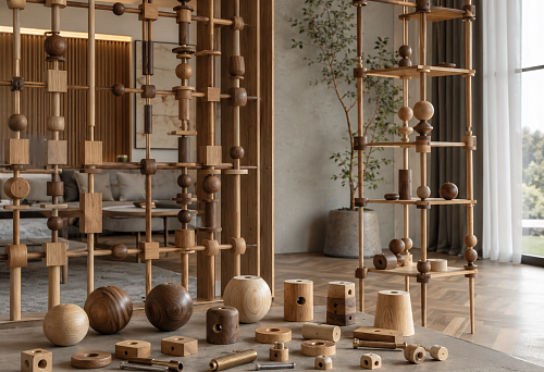 Wooden balls, cubes, and STAVROS construction elements for racks and partitions