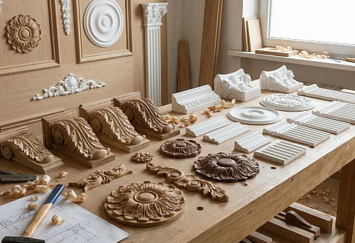 A set of decorative wooden and polyurethane overlays, rosettes, and brackets, laid out on a carpenter's workbench