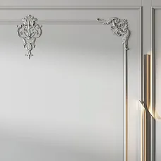 Classic interior with light walls decorated with STAVROS polyurethane moldings&mdash;frame panels with corner ornaments and a modern floor lamp