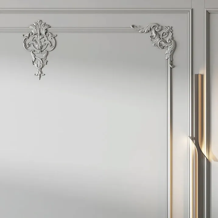 Classic interior with light walls decorated with STAVROS polyurethane moldings&mdash;frame panels with corner ornaments and a modern floor lamp