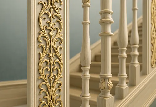 Elegant Staircase Made of Light Wood with Decorative Carved Balusters and Pilasters