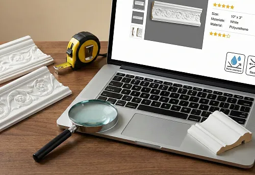 Polyurethane stucco &mdash; samples of cornice and molding on the table next to a laptop with a product card, tape measure, and magnifying glass; checking dimensions, material, and characteristics before buying polyurethane stucco