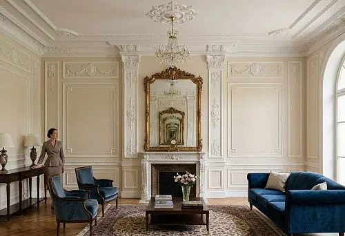 Decorative wall molding in a bright classic living room interior with a fireplace, mirror, and blue sofa
