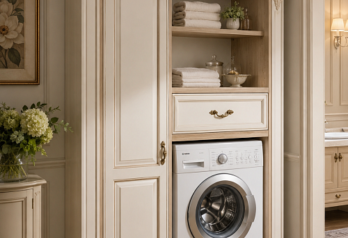 Classic-style washing machine cabinet: wooden decor and polyurethane stucco