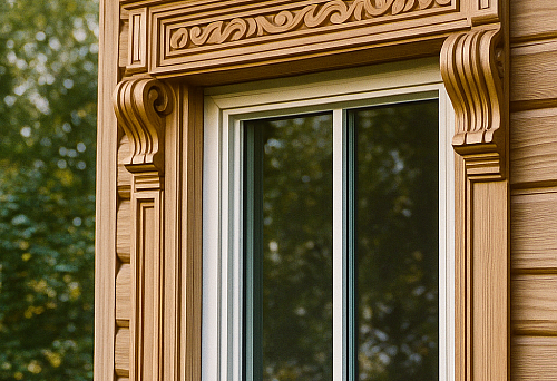 Wooden window framing with carved trims and cornice