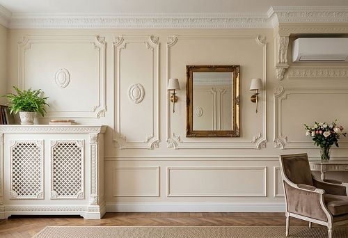 Stucco decor for a wall with a radiator and air conditioner: how to design technical zones with polyurethane moldings