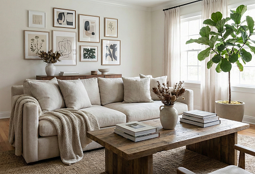 Room interior decoration: a bright living room with a beige sofa, a throw blanket, and a wooden coffee table