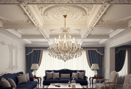 Ceiling molding with decorative rosette for chandelier in a classic interior