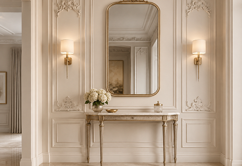 How to design a wall with a console using stucco: moldings, mirror, sconces, and decorative elements