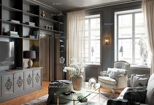 Classic living room with full furniture set from STAVROS: built-in cabinets, carved fronts