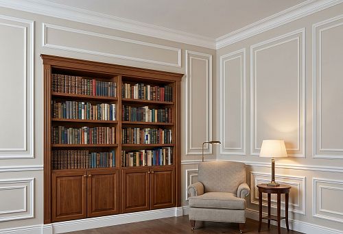 Stucco decor for a wall with a bookcase and shelves: how to design a home library with polyurethane moldings