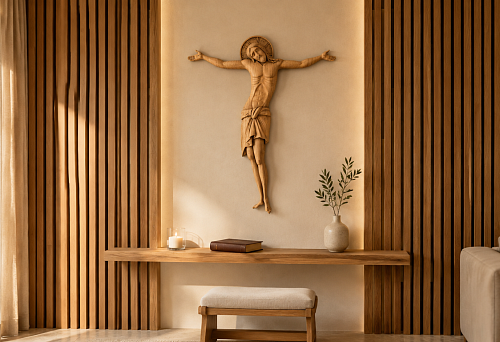 Wooden crucifix IKN-023 in a home prayer area with slatted panels