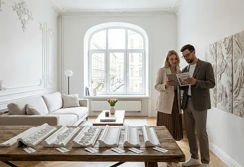 Stucco and stucco decor in a light living room: samples of stucco profiles on the table and relief walls as a relevant interior trend in 2026