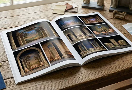 Catalog of theater decorations with photos of decorated scenes