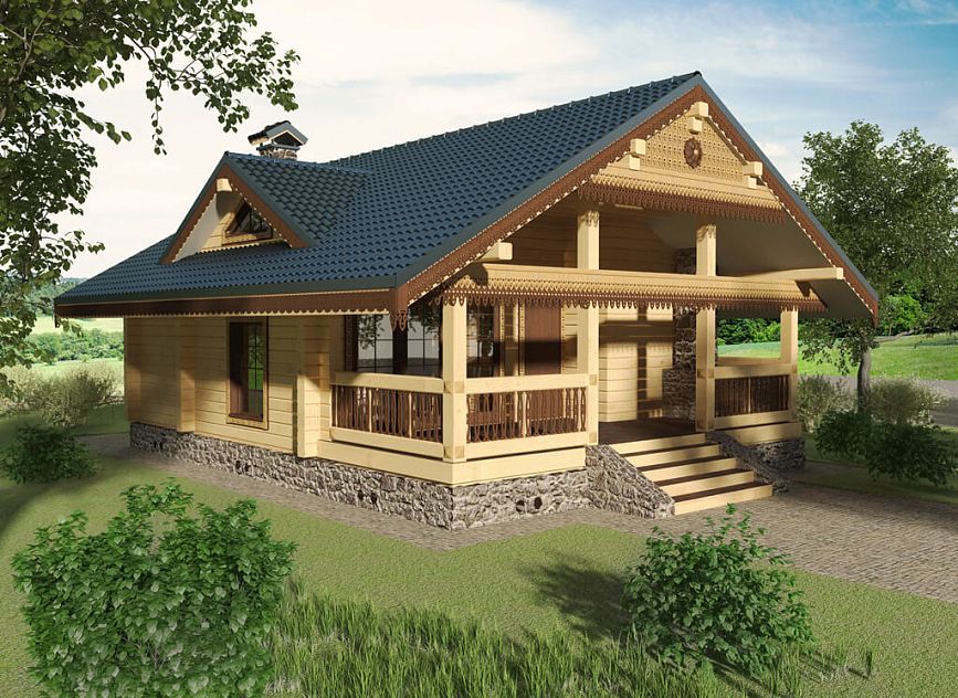 Wooden house with carved decorations, stone foundation, and tiled roof.
