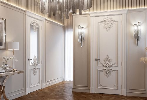 Modern home interior with two white doors made of natural wood