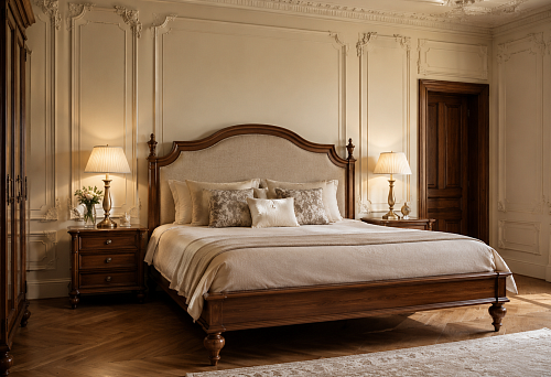 Classic style bed: wooden legs, headboard and polyurethane molding