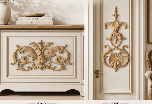 Wooden decorative overlays N-040 and N-093 &mdash; a comparison of carved decor for furniture, doors, and walls