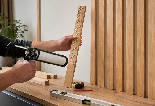 Applying glue to wooden slats before mounting on the wall