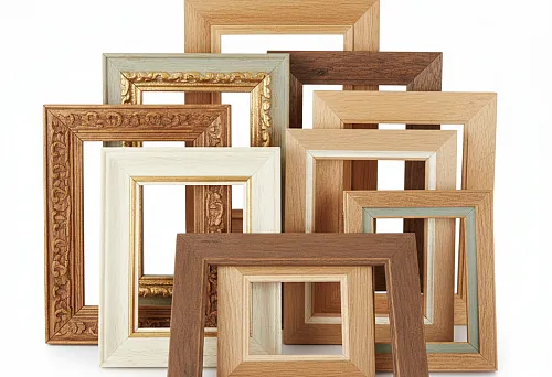 Assortment of wooden baguette frames in various profiles and shades, including carved and smooth models