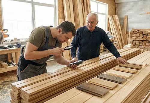 Quality inspection of wooden slats in the workshop: a master examines a slat with a magnifying glass and measuring device