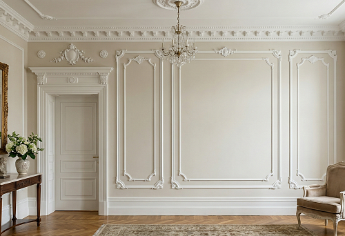 Neoclassical wall decor in interiors with moldings, stucco, and decorative frames
