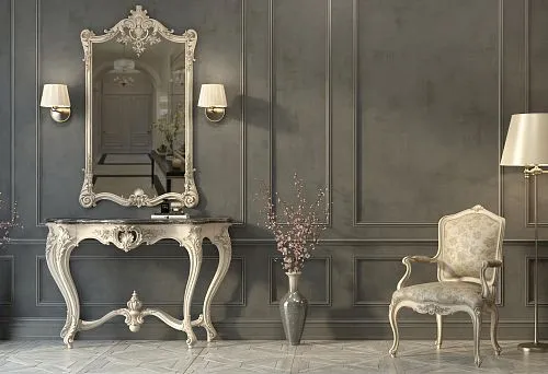 Elegant carved chair with luxurious fabric upholstery in Baroque style.