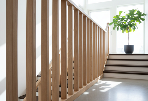 Modern straight beech wooden balusters on a staircase with panoramic windows and natural lighting