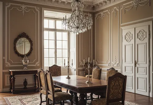 Classic interior with decorative moldings on walls and ceiling