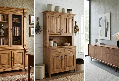 Solid wood furniture fronts: a classic display cabinet with paneled doors and carved decor