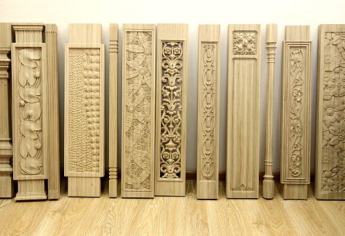 Collection of decorative and carved wooden balusters in classic and modern styles