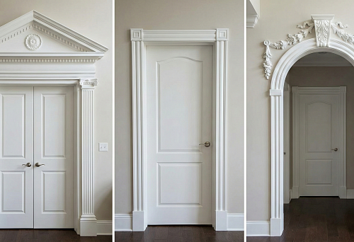 Polyurethane door molding: classic portal with pediment and pilasters around double doors
