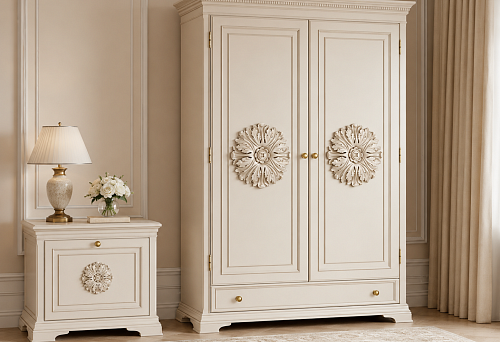 Cabinet and nightstand in one interior: how to choose carved rosettes RPU-044 in two sizes so that the decor looks unified