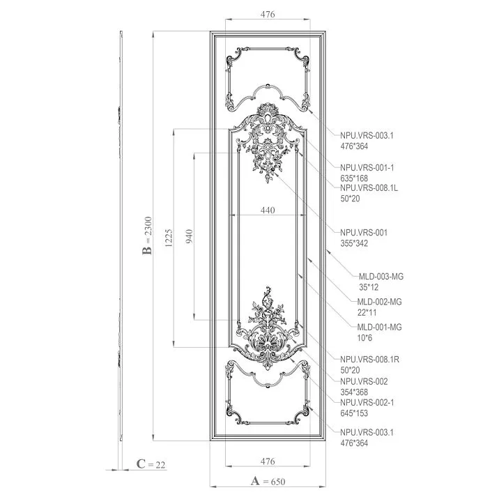 CPU-5-5 Kit Drawing: Panel dimensions A=650, B=2300, C=22 and layout diagram of stucco decor elements