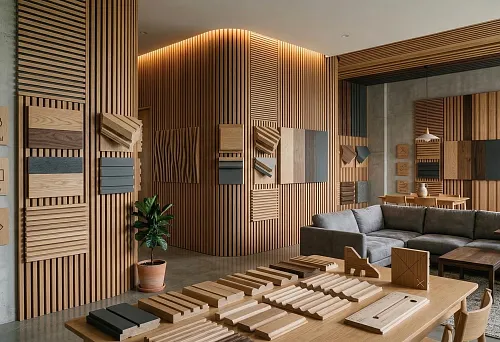 Buy slatted wall panels: choosing samples of materials, profiles and sizes for a modern interior