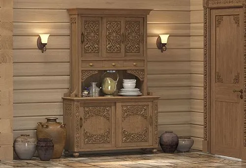 Kitchen interior in Russian style with carved wooden buffet