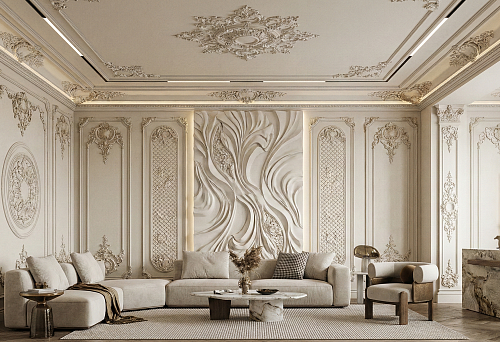 Classic interior with wall and ceiling molding, decorative panels, and ceiling rosettes