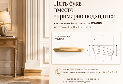 BS-006 pilaster base with the A &times; B &times; C &times; F &times; G dimension diagram for precise ordering