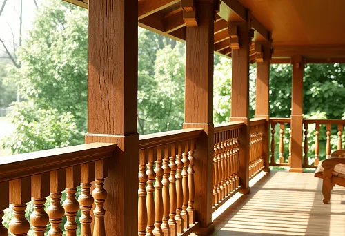 Wooden balusters and posts on a spacious terrace with a view of the green garden