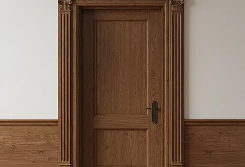 Solid wood door assembly with classic casing, profiles and baseboards, creating a unified composition and deep relief around the wooden door