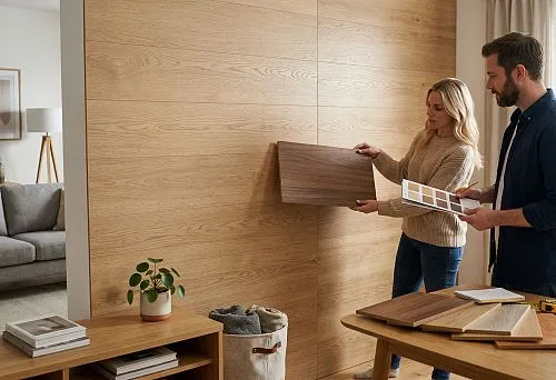 MDF wood-look panels for walls and interiors: selection of shades, textures, and samples for interior finishing