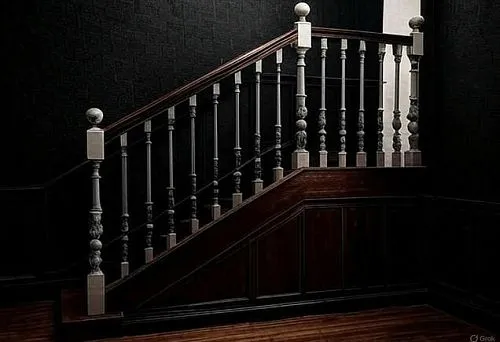 Dark wooden staircase with massive and elegant balusters in classic interior, accent on combination of modern technologies