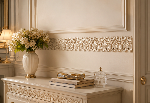 One carved strip instead of a complex stucco composition: how to use polyurethane molding KPU-064 on a door, wall, or furniture