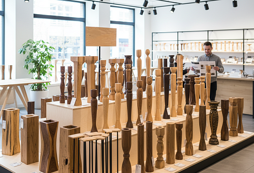Shop with a wide selection of table legs: wooden and metal supports in various shapes, heights, and wood species, displayed on podiums.