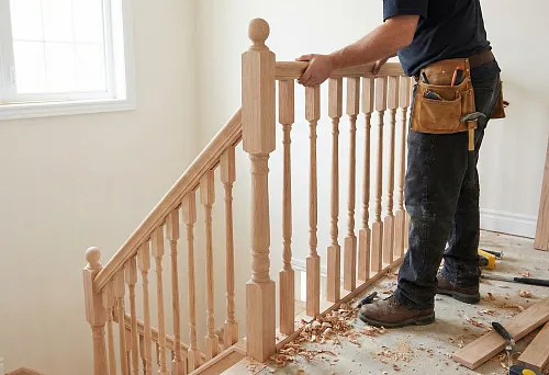 DIY wooden railing installation: master installs fence section on stair landing