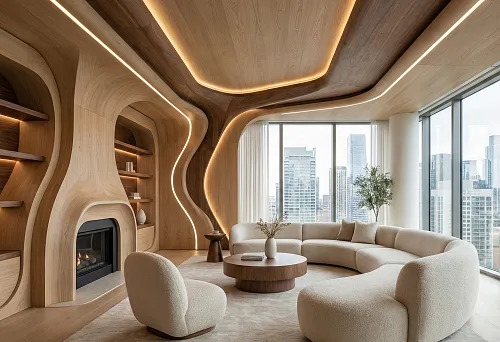 Stylish interior decor 2026: living room with organic wooden panels and built-in LED lighting, fireplace and panoramic windows with city view